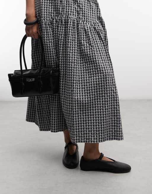COLLUSION woven midi skirt with tie detail in grey check, 3 of 5