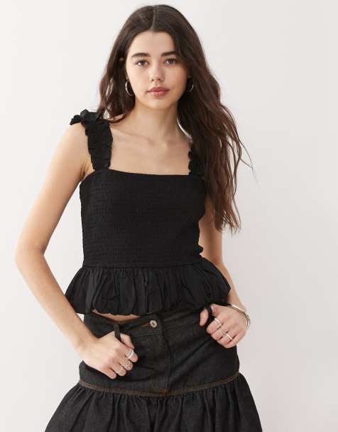 COLLUSION woven shirred cami top with bubble hem in black - view 1