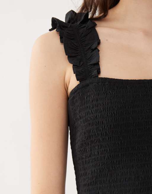 COLLUSION woven shirred cami top with bubble hem in black, 4 of 4
