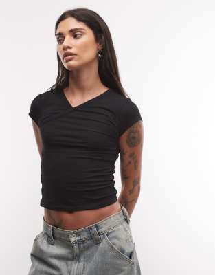 Collusion Wrap Front Fitted Top In Black