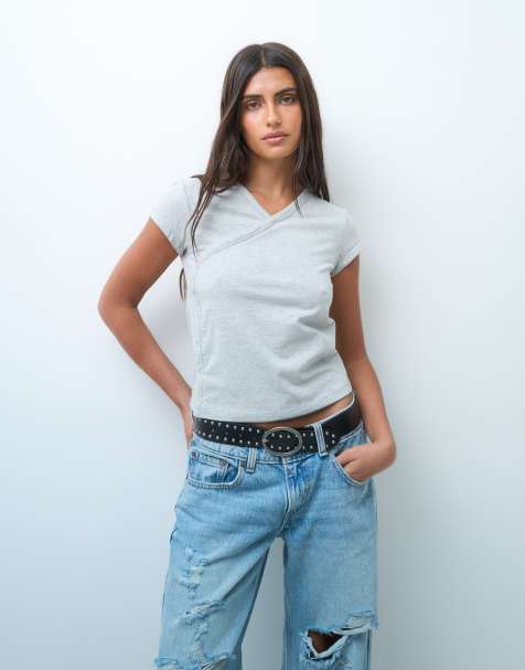 COLLUSION wrap front fitted top in gray heather - view 1