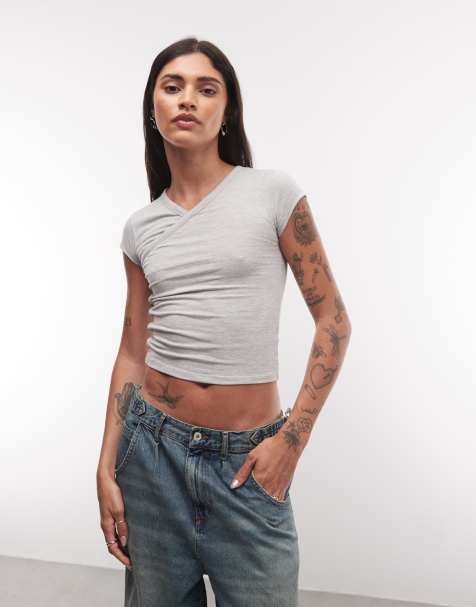 COLLUSION wrap front fitted top in grey marl - view 1