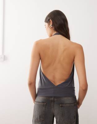 Collusion Wrap Halter Neck Top In Gray