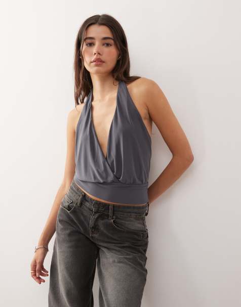 COLLUSION wrap halter neck top in charcoal grey - view 1