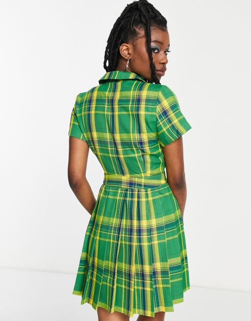 COLLUSION wrap pleated mini dress in green check ASOS