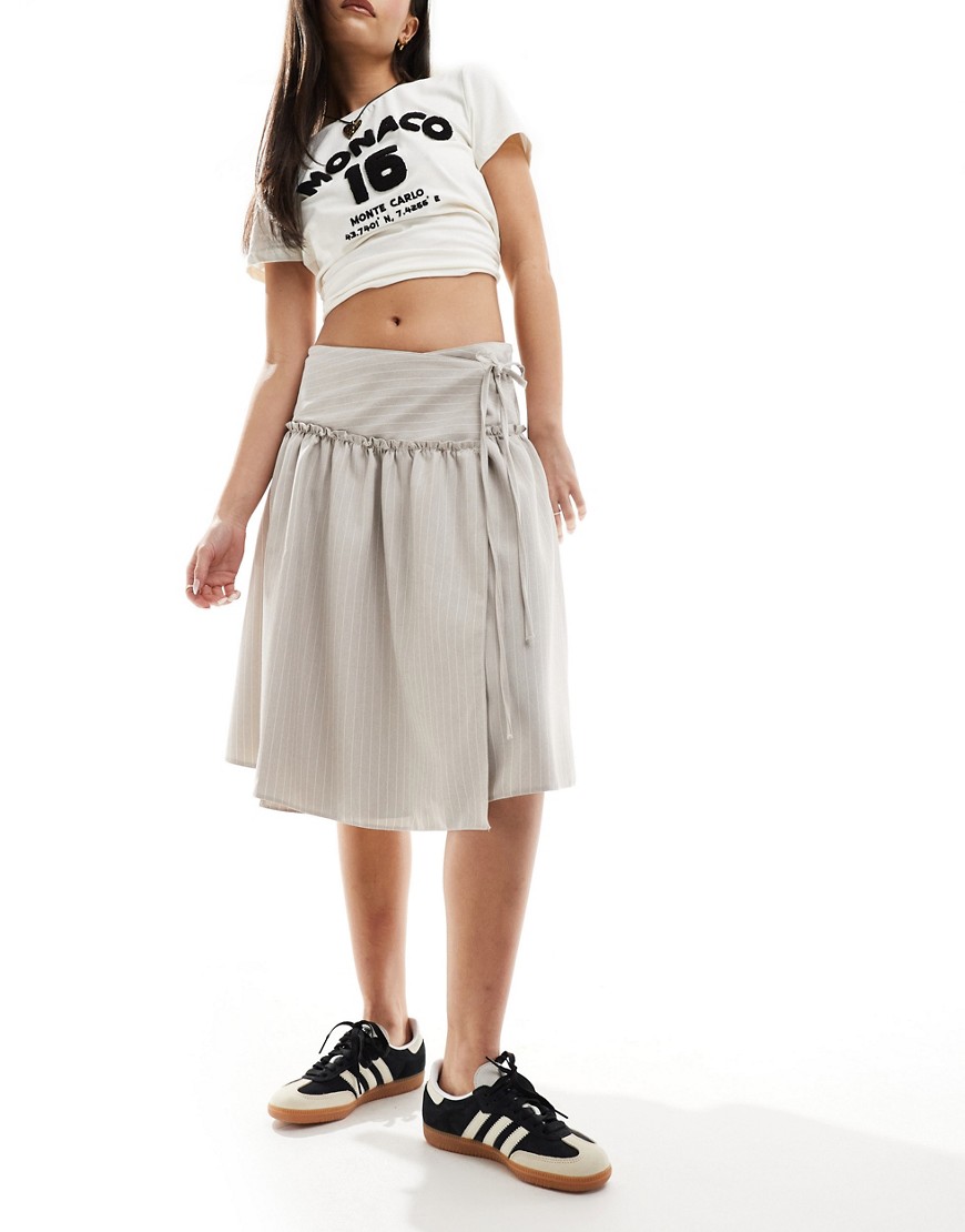 wrap tailored skirt in gray pinstripe-Multi