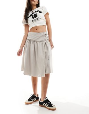 COLLUSION wrap tailored skirt in grey pinstripe