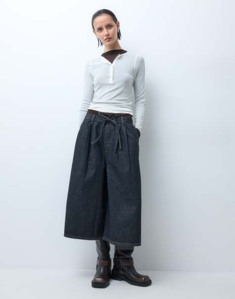 COLLUSION pull on longline jort in grunge dark blue wash