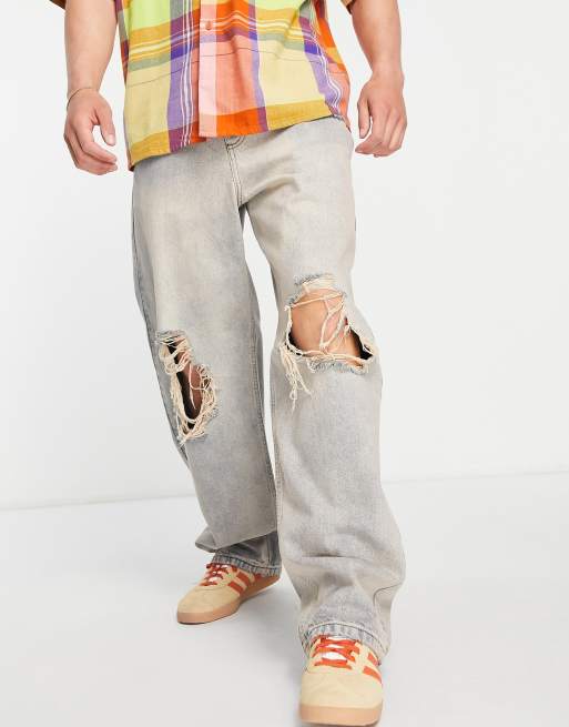 COLLUSION x 014 - Baggy gescheurde jeans met roze vuile tint in blauw