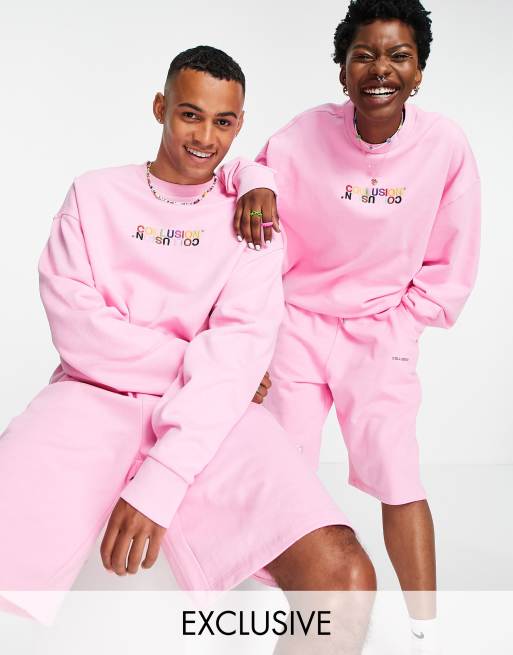 COLLUSION x EXIST LOUDLY - Oversized unisex-sæt med lyserøde shorts & sweatshirt med print, 2 af 3