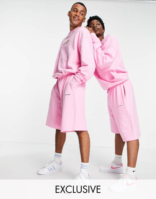 COLLUSION x EXIST LOUDLY - Oversized uniseks short met print in roze, deel van co-ord set