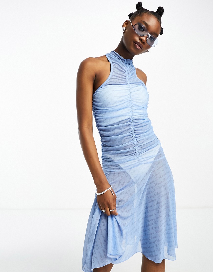 Collusion X Tammy Mesh Pleated Printed Midi Dress In Blue