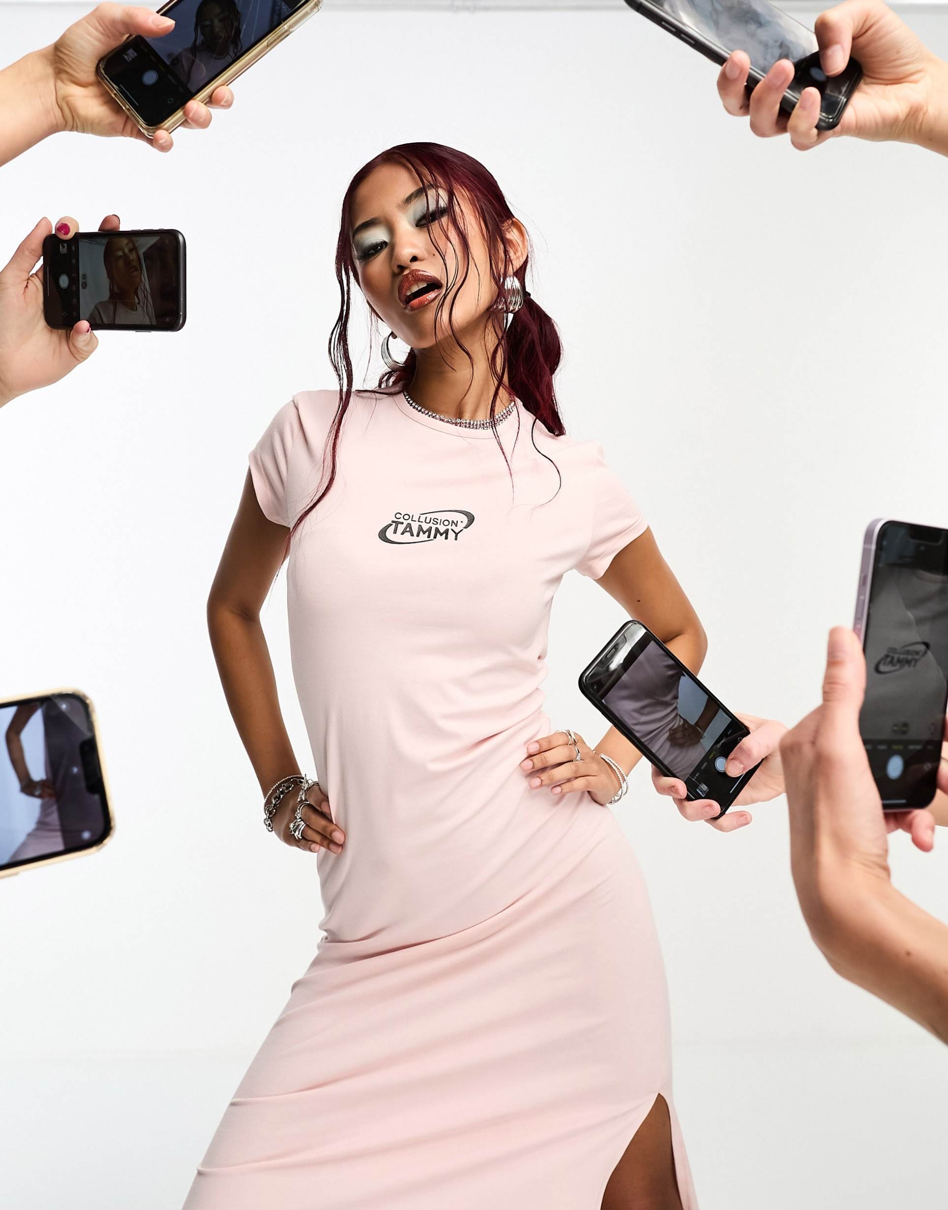 collusion x tammy midaxi t-shirt dress in pink