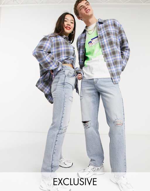 COLLUSION x000 - Uniseks gescheurde jaren 90 jeans met rechte pijpen in stonewash blauw