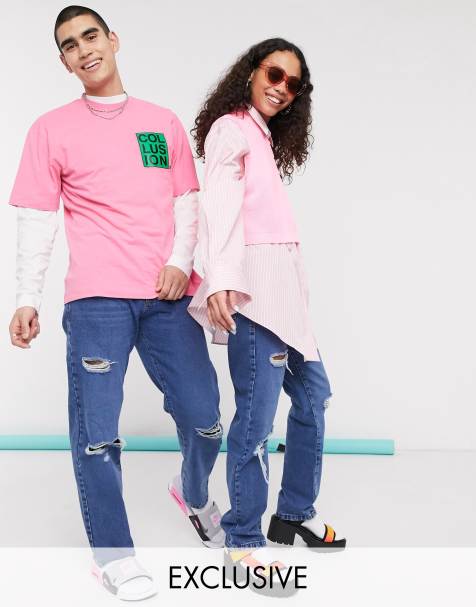 COLLUSION x000 Unisex 90's fit straight leg jeans in mid wash blue - view 1