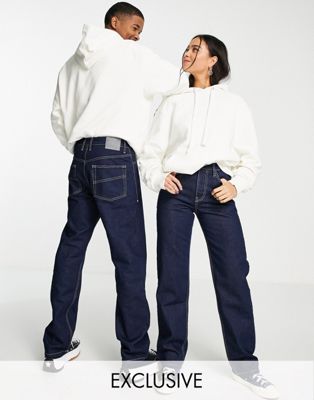 COLLUSION x000 Unisex 90s straight leg jeans in dark blue raw denim - ASOS Price Checker
