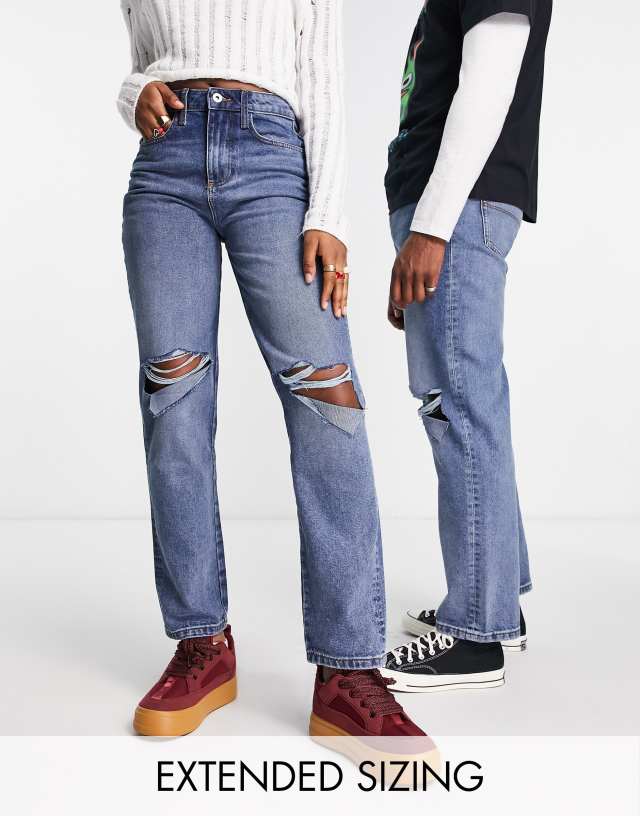 COLLUSION x000 Unisex 90s straight leg jeans with rips in mid wash blue