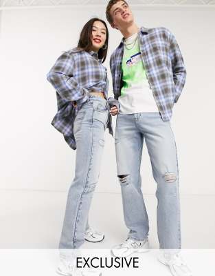 COLLUSION x000 – Unisex – Gerade geschnittene Jeans im Stil der 90er mit Rissen und blauer Stone-Waschung