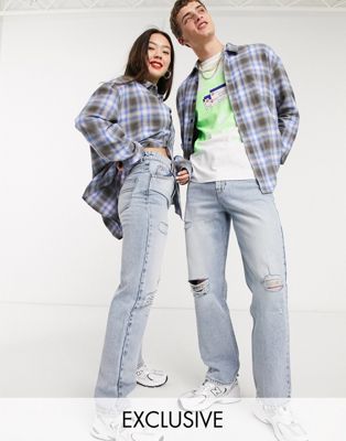 COLLUSION x000 Unisex ripped 90s straight leg jeans in stonewash blue - ASOS Price Checker