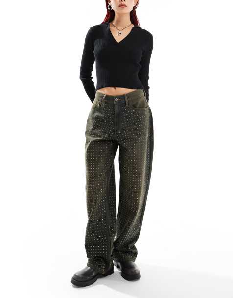 COLLUSION X001 antifit jeans with diamantes in brown - BROWN - view 1