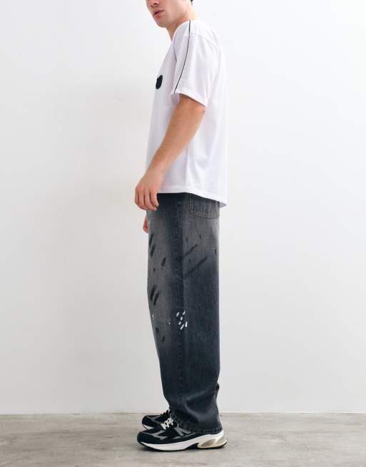 COLLUSION X001 antifit mid rise jean in grunge paint splash, 2 of 5