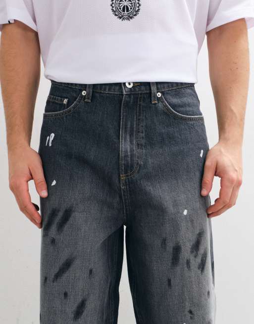 COLLUSION X001 antifit mid rise jean in grunge paint splash, 4 of 5