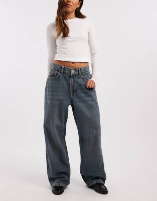 X001 - Jean coupe fantaisie à taille mi-haute - Bleu moyen marbré W26 L28