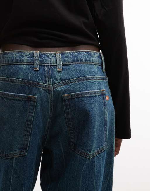 COLLUSION X001 jeans antifit vita media lavaggio acid wash blu marmorizzato, 4 di 5