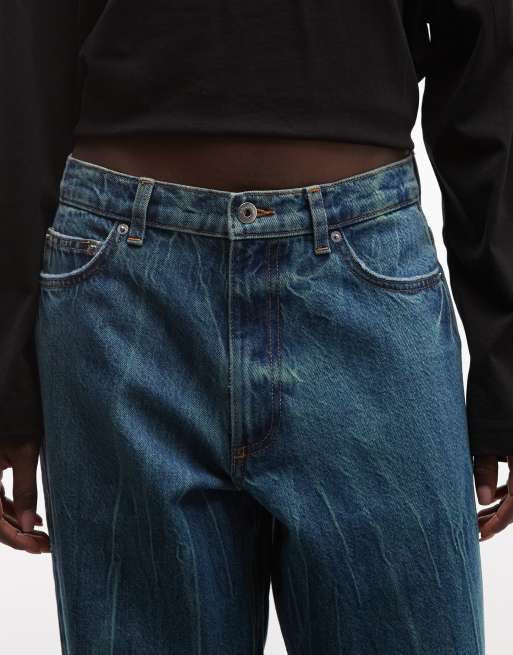 COLLUSION X001 jeans antifit ze średnim stanem w spranym niebieskim marmurkowym wzorze, 5 z 5