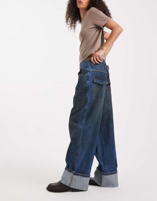 COLLUSION X002 baggy jean with cinch back and turn up hem in dirty navy, 3 of 5