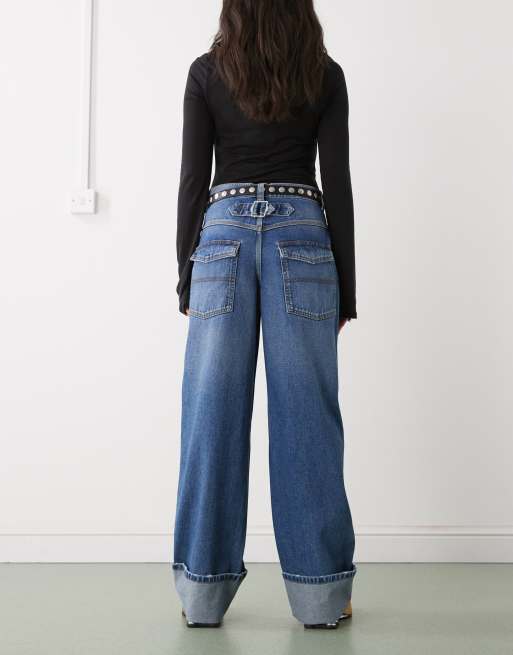 COLLUSION X002 baggy jean with cinch back and turn up hem in mid wash, 3 of 5