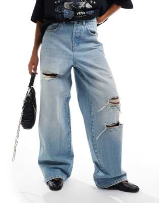 COLLUSION X002 baggy jeans in lightwash blue with rips co-ord - LBLUE