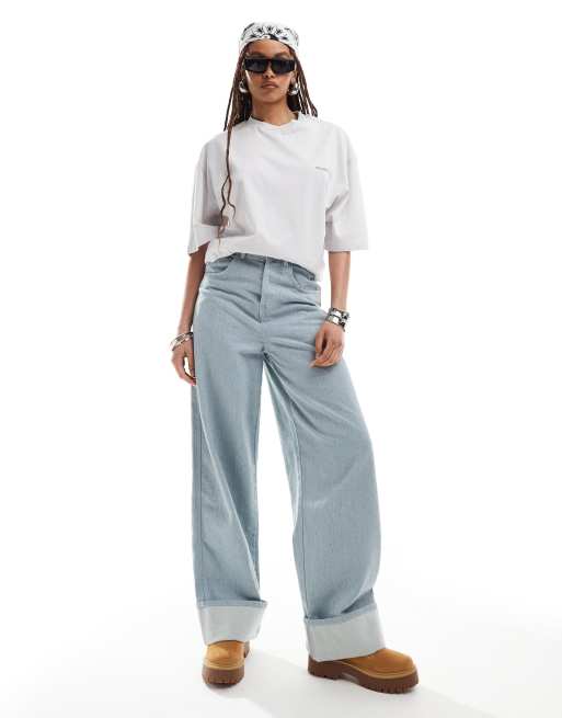 COLLUSION - X002 - Baggy jeans met lage taille en omslag in grijs met lichte wassing