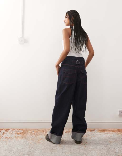 COLLUSION X002 baggy jeans with cinch back and turn up hem in rinse wash, 2 of 5