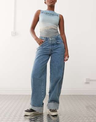 Collusion X002 Baggy Jeans With Cuffed Hems In Midwash-blue