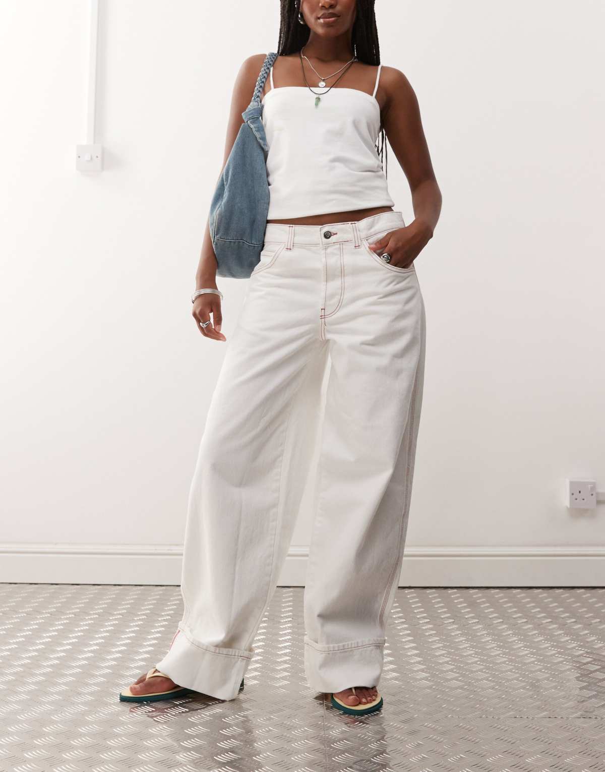 COLLUSION X002 baggy jeans with turn up hem in ecru