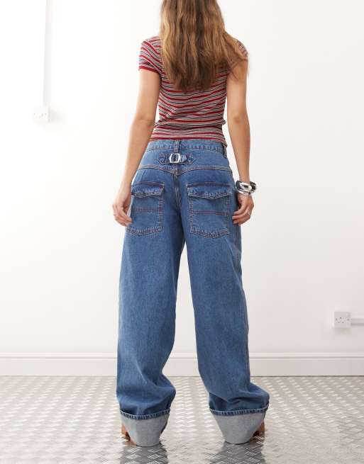 COLLUSION X002 baggy jeans with turn-up hem in mid wash and red stitching, 3 of 5