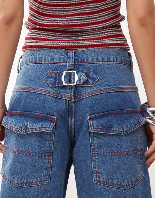 COLLUSION X002 baggy jeans with turn-up hem in mid wash and red stitching, 4 of 5