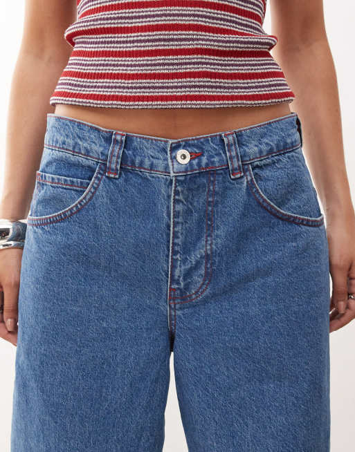 COLLUSION X002 baggy jeans with turn-up hem in mid wash and red stitching, 5 of 5