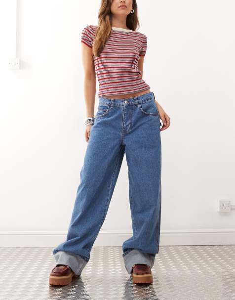 COLLUSION X002 baggy jeans with turn up hem in mid wash and red stitching