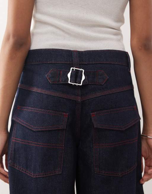 COLLUSION - X002 - Jeans ampi rinse wash con risvolto sul fondo e cinturino sul retro, 4 di 5