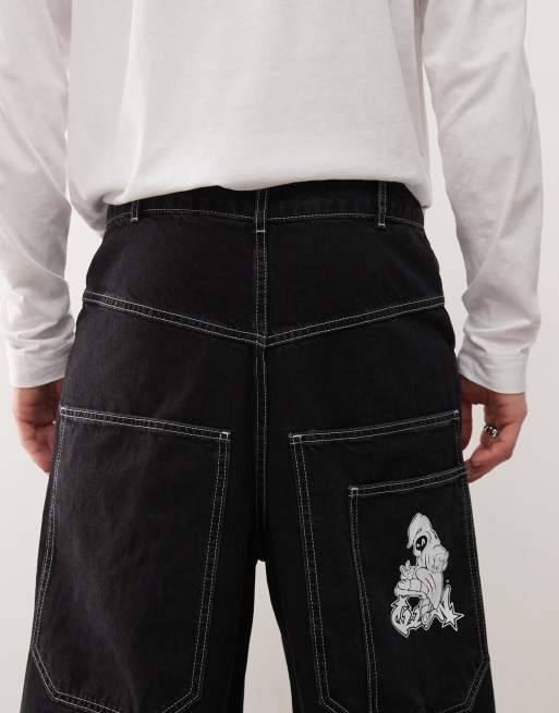 COLLUSION - X002 - Jeans larghi color nero slavato con stampa stile skater, 5 di 5