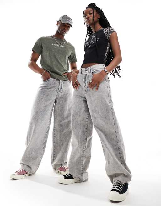 COLLUSION – X002 – Szare jeansy unisex baggy z efektem sprania