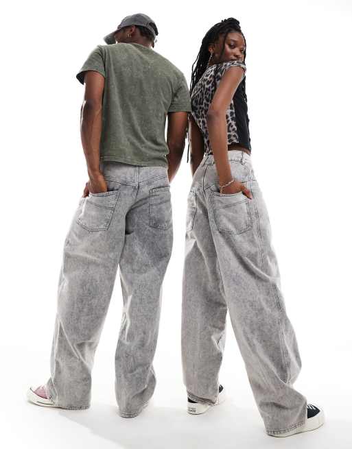 COLLUSION – X002 – Szare jeansy unisex baggy z efektem sprania, 2 z 4