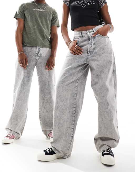 COLLUSION – X002 – Szare jeansy unisex baggy z efektem sprania, 4 z 4