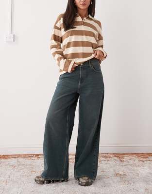 X003 - Jean ample taille mi-haute - Vert délavé-Bleu W30 L28
