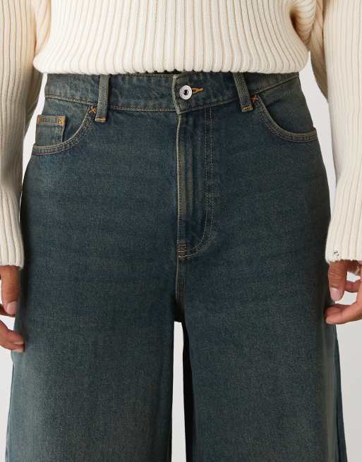 COLLUSION wide leg mid rise jeans in grunge blue