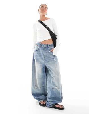 【KOOLOSET】Cat Washed Balloon Banding Denim Semi Carpenter Washed Adjustable Leg Baloon Line Up Jeans
