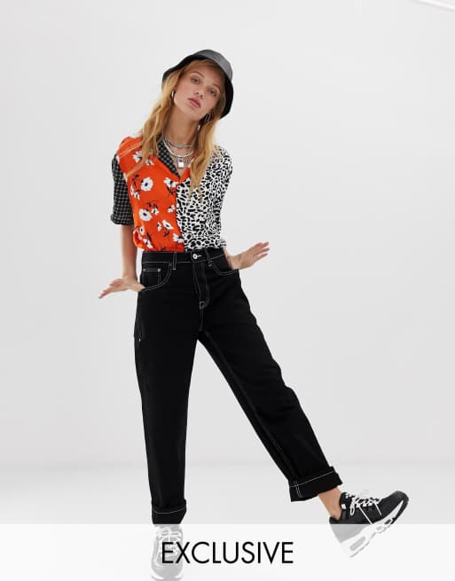 COLLUSION - x004 - Skaterjeans in zwart met witte stiksels