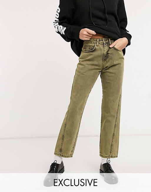 COLLUSION x005 90s cropped straight leg jeans with twisted seams in yellow overdye